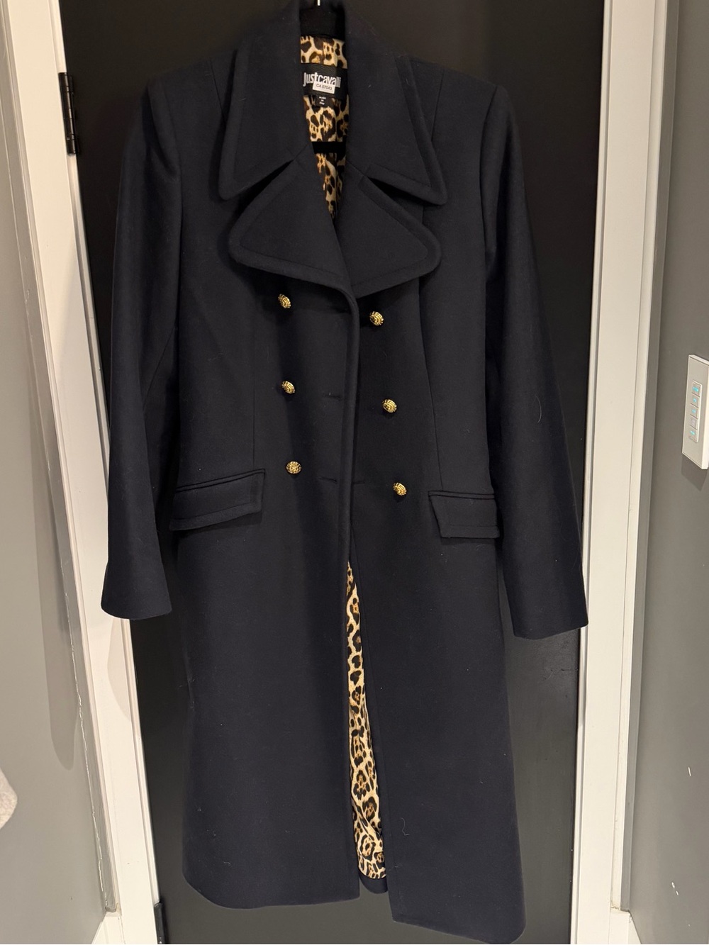 Just Cavalli Navy Pea Coat with Leopard-Print Lining